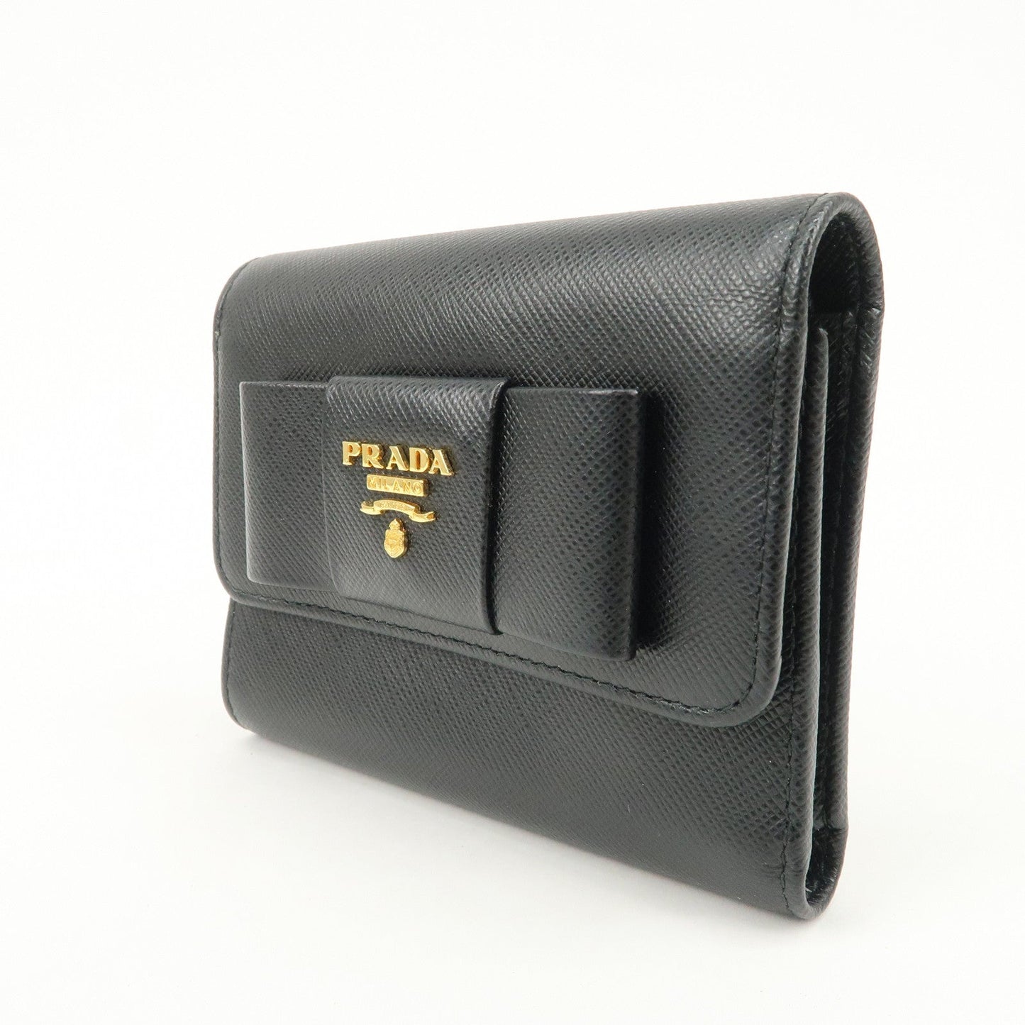 Prada Leather Ribbon Tri-fold Wallet Black 1MH840 Used【Pre-order】
