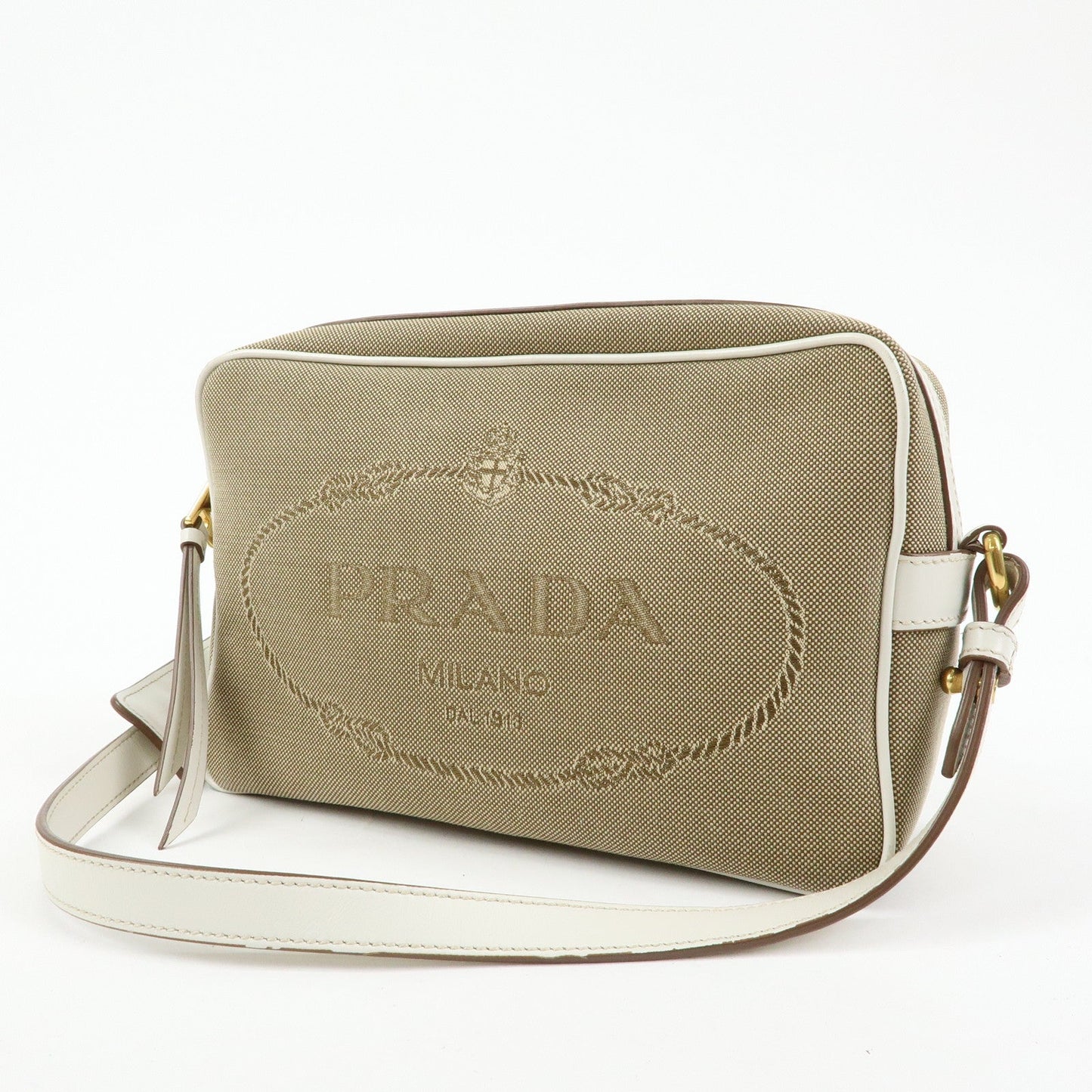 Prada Logo Jacquard Leather Shoulder Bag Beige White 1BH089【Pre-order】