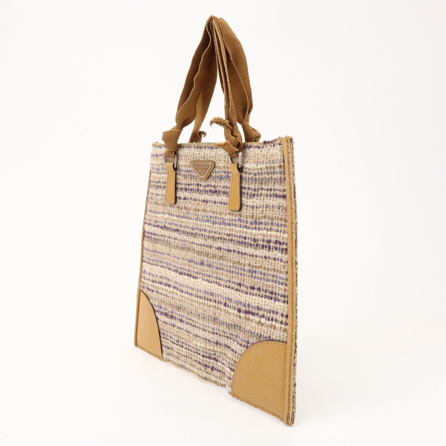 Prada Triangle Logo Tweed Leather Hand Bag Light Brown Multicolor【Pre-order】
