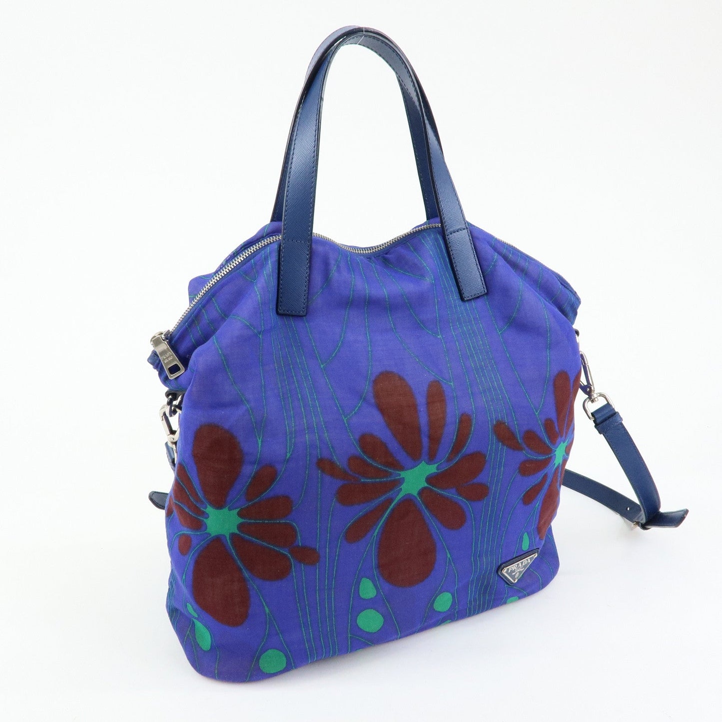 Prada Triangle Logo Linen Leather 2Way Bag Flower Motif Blue BR4696【Pre-order】