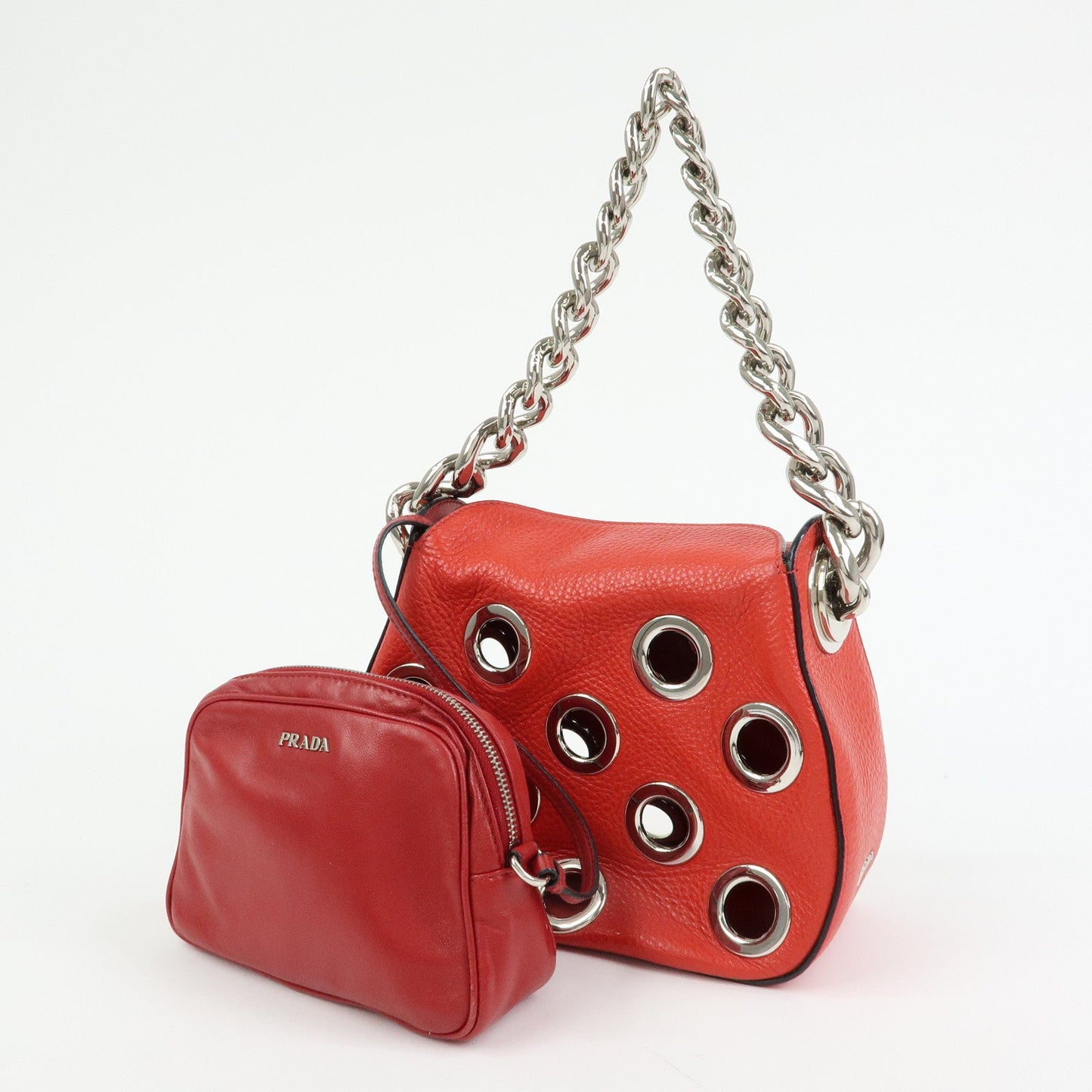 Prada Grommet Leather Chain Shoulder Bag Hand Bag Red【Pre-order】