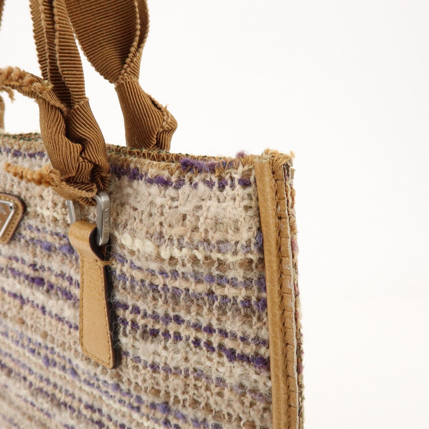 Prada Triangle Logo Tweed Leather Hand Bag Light Brown Multicolor【Pre-order】