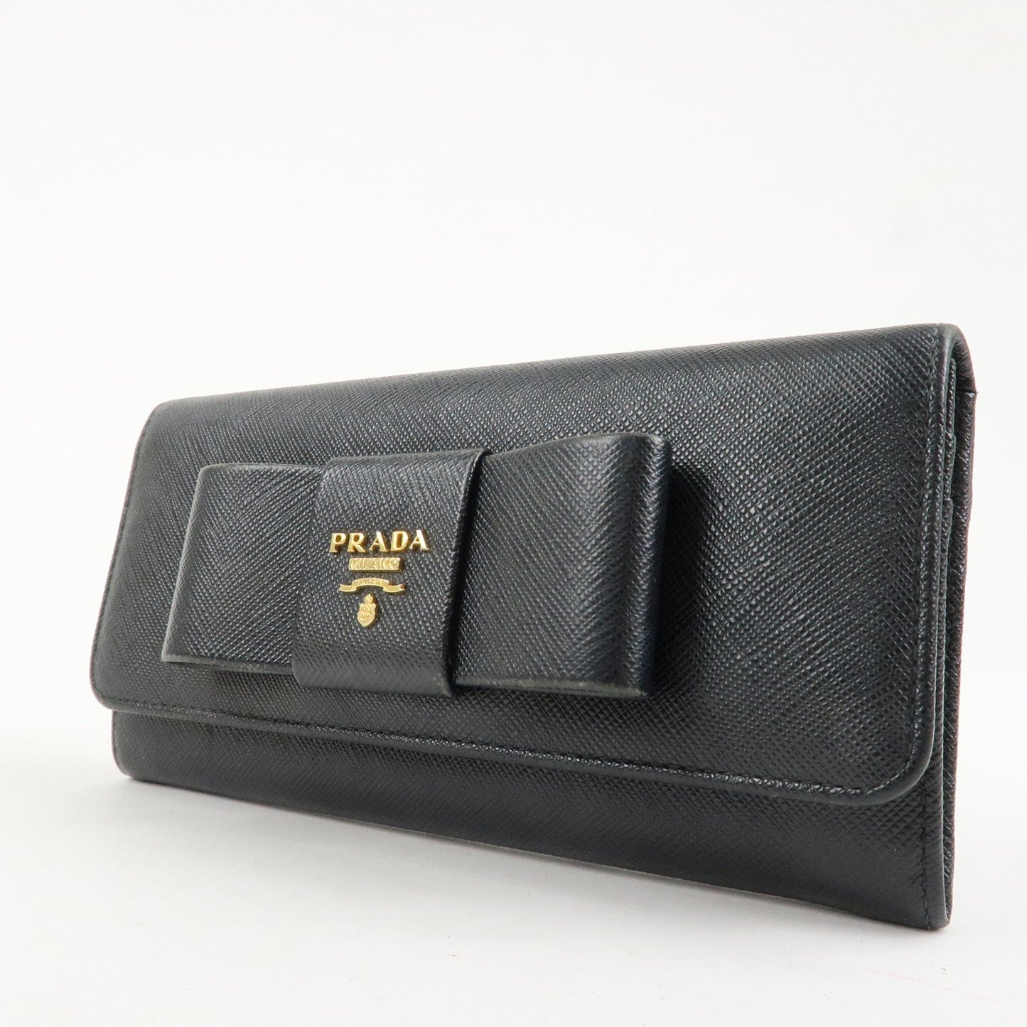 Prada Saffiano Leather Flap Bi-Fold Long Wallet Black Gold 1MH132 Used【Pre-order】