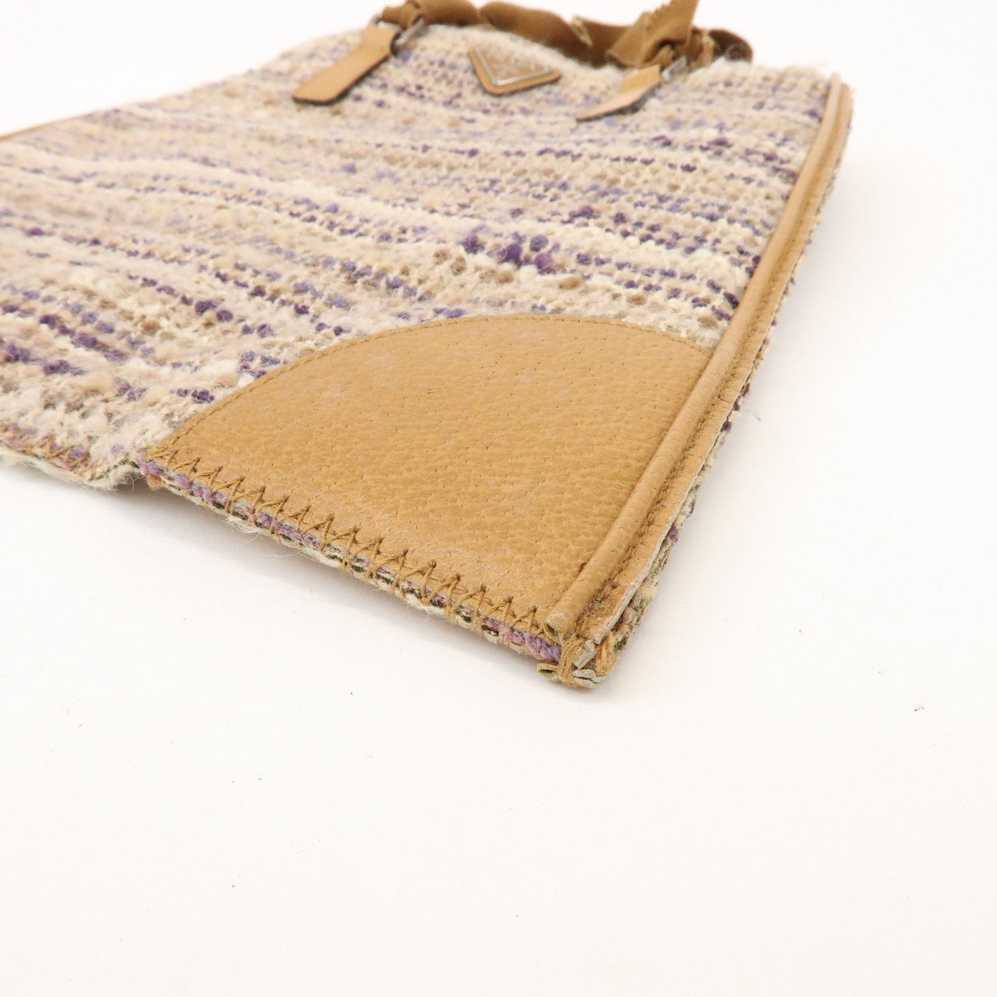 Prada Triangle Logo Tweed Leather Hand Bag Light Brown Multicolor【Pre-order】