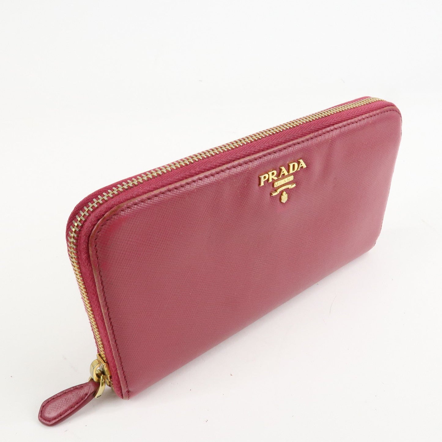 Prada Logo Saffiano Leather Round Zippy Long Wallet Pink 1M0506 Used【Pre-order】
