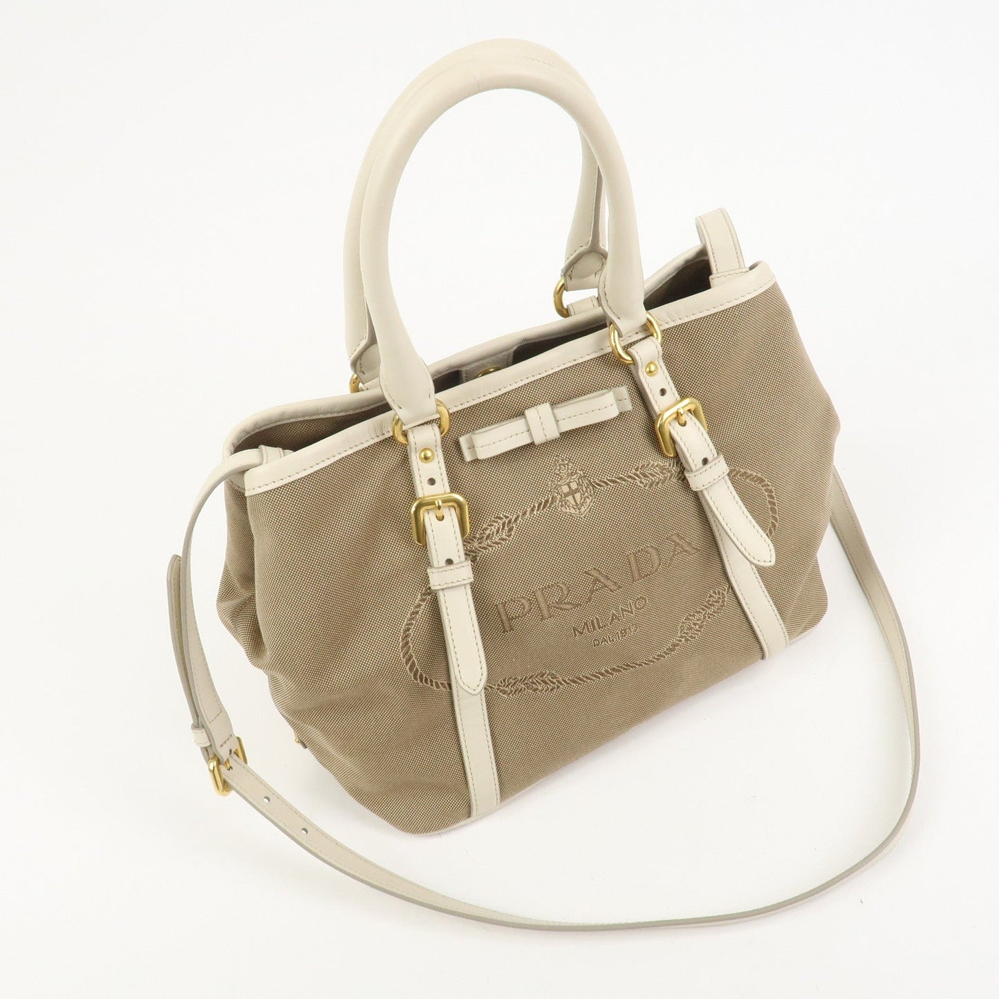 Prada Logo Jaquard Leather 2Way Hand Bag Shoulder Bag Beige White【Pre-order】