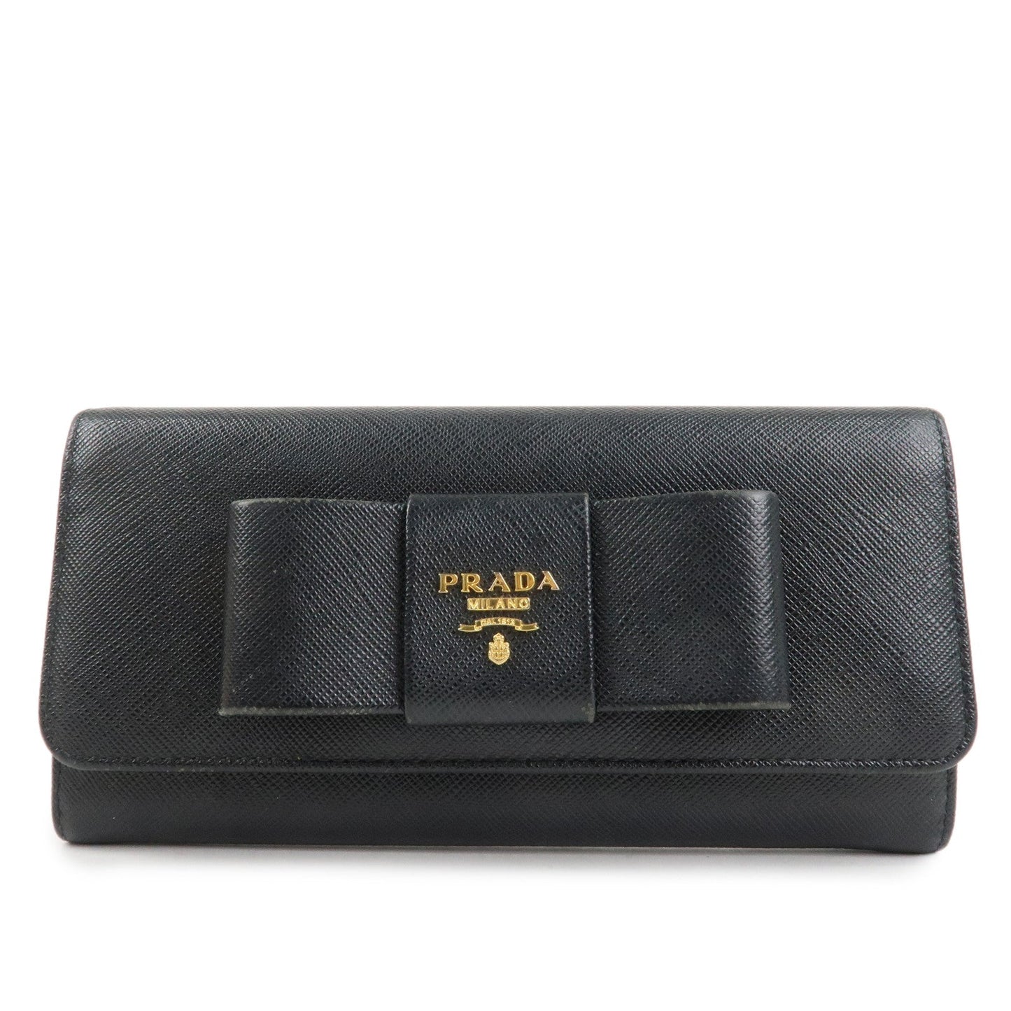 Prada Saffiano Leather Flap Bi-Fold Long Wallet Black Gold 1MH132 Used【Pre-order】