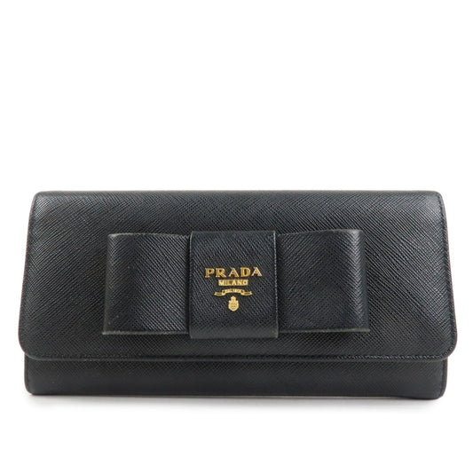 Prada Saffiano Leather Flap Bi-Fold Long Wallet Black Gold 1MH132 Used【Pre-order】