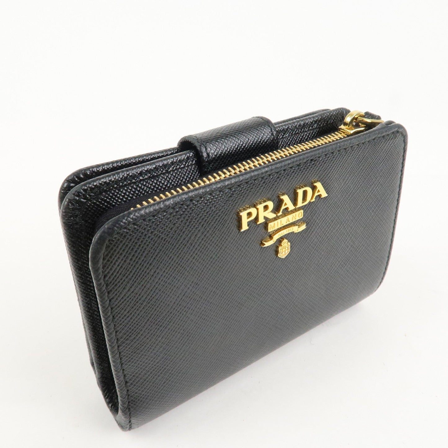 Prada Saffiano Leather Bi-Fold Wallet Black Red Gold 1ML018 Used【Pre-order】