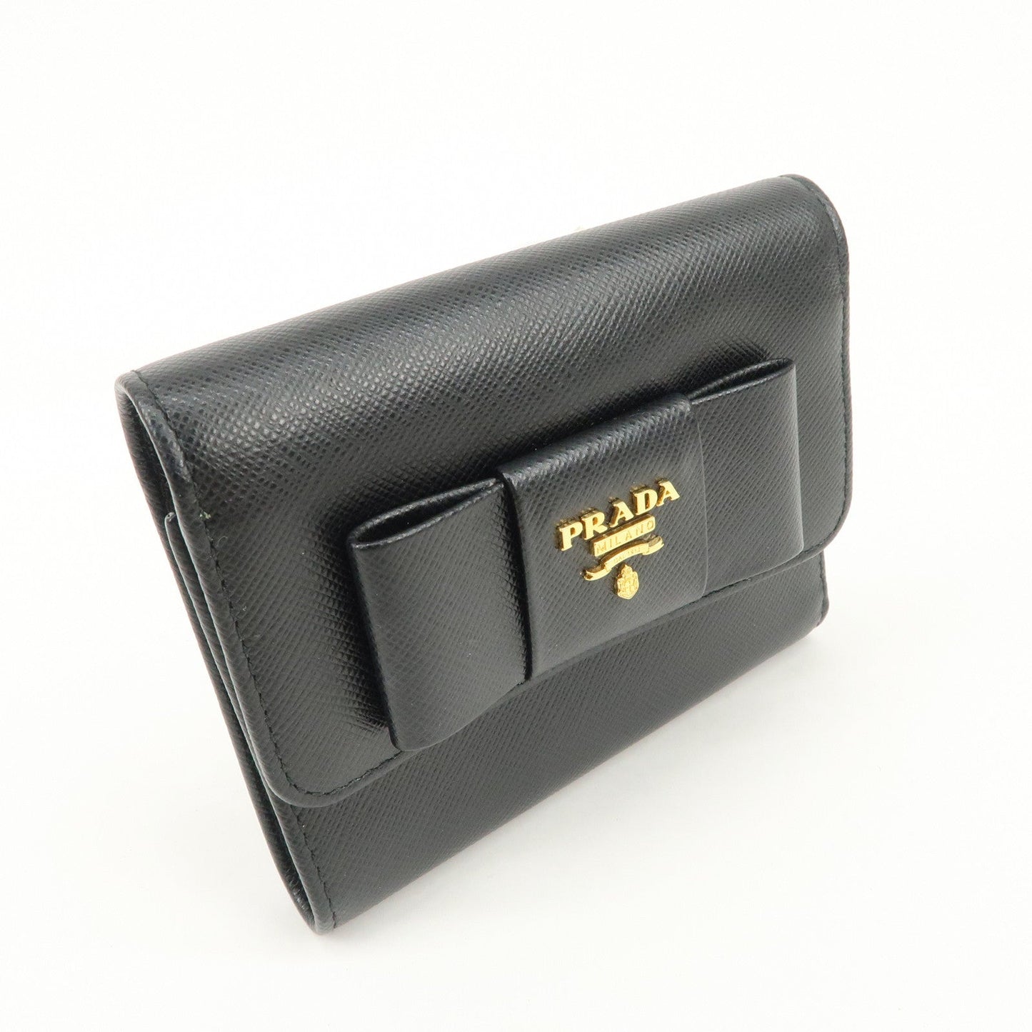 Prada Leather Ribbon Tri-fold Wallet Black 1MH840 Used【Pre-order】