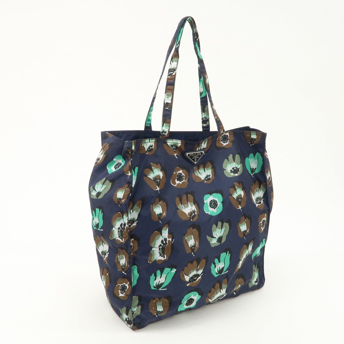 Prada Triangle Logo Nylon Tote Bag w/Pouch Flower Print Navy B4626B Used【Pre-order】