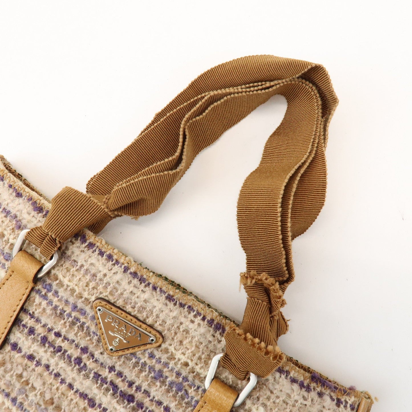 Prada Triangle Logo Tweed Leather Hand Bag Light Brown Multicolor【Pre-order】