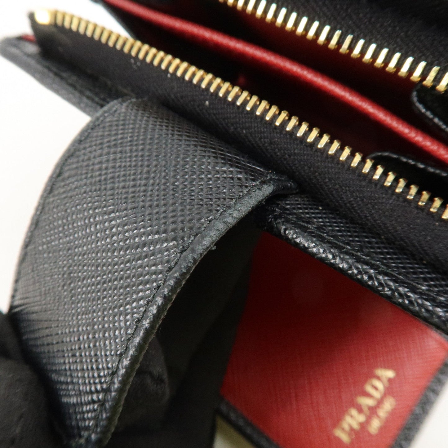Prada Saffiano Leather Bi-Fold Wallet Black Red Gold 1ML018 Used【Pre-order】