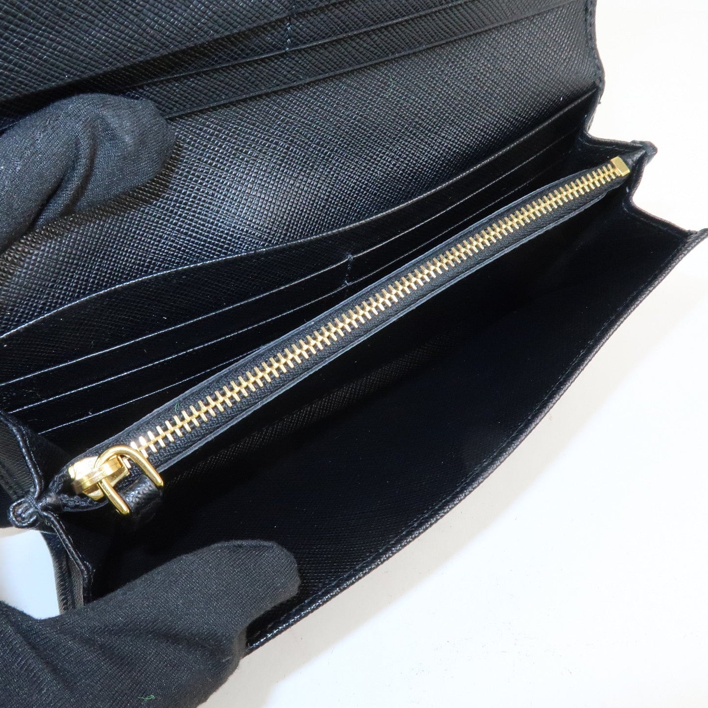 Prada Saffiano Leather Flap Bi-Fold Long Wallet Black Gold 1MH132 Used【Pre-order】