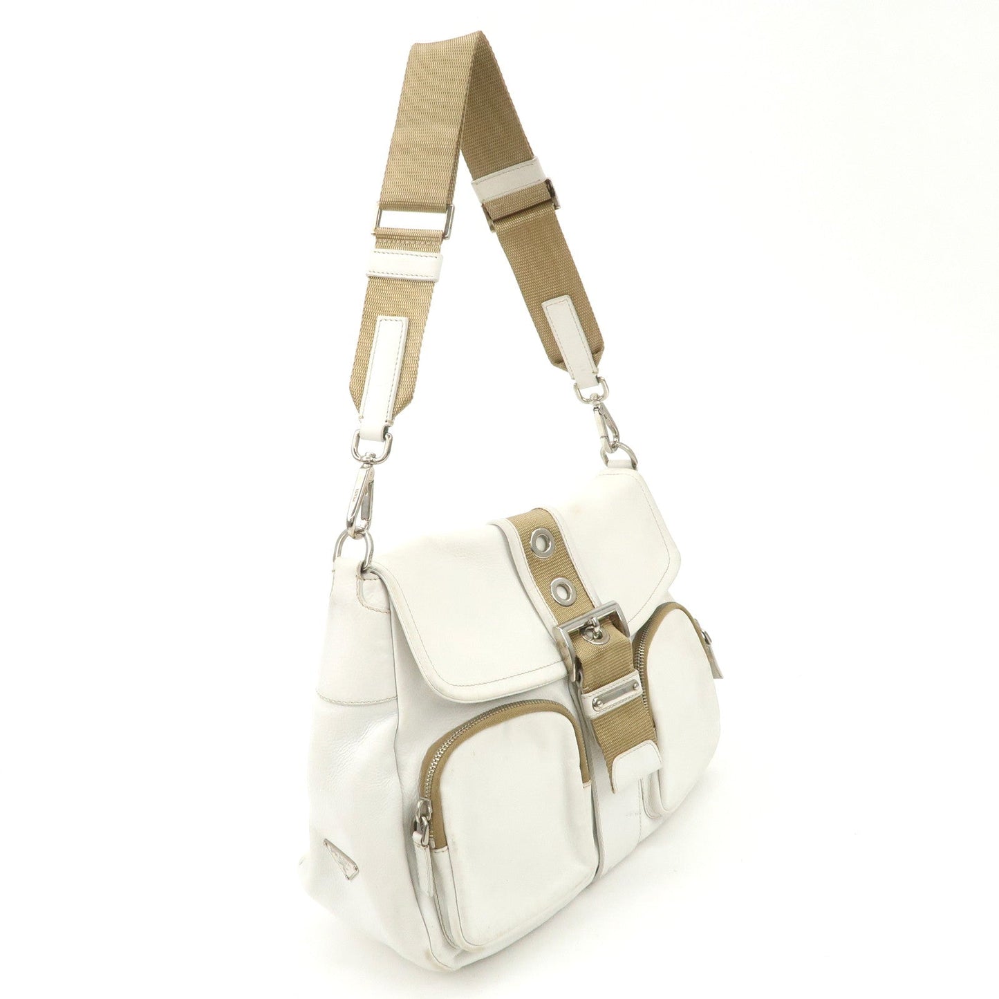 Prada Triangle Logo Leather Nylon Shoulder Bag White Beige【Pre-order】