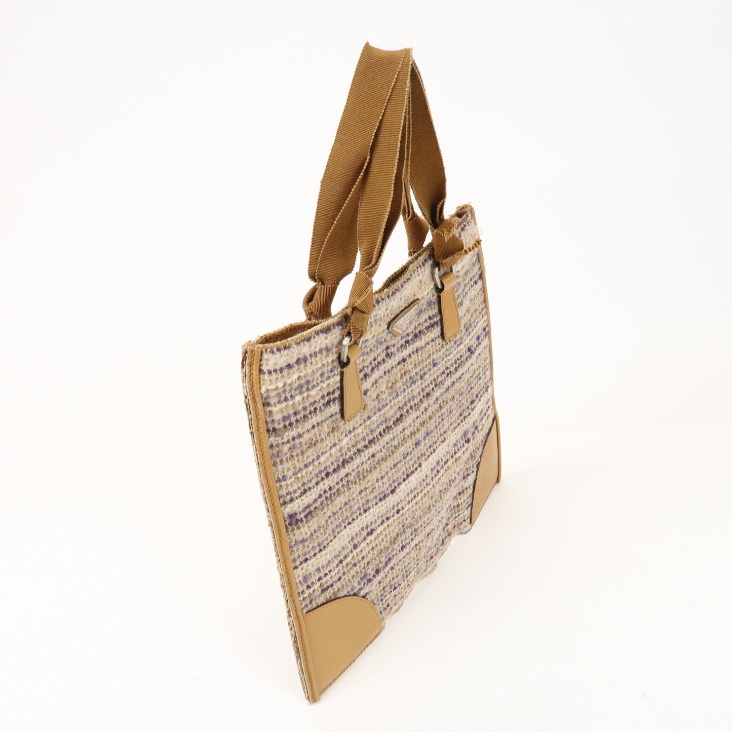 Prada Triangle Logo Tweed Leather Hand Bag Light Brown Multicolor【Pre-order】