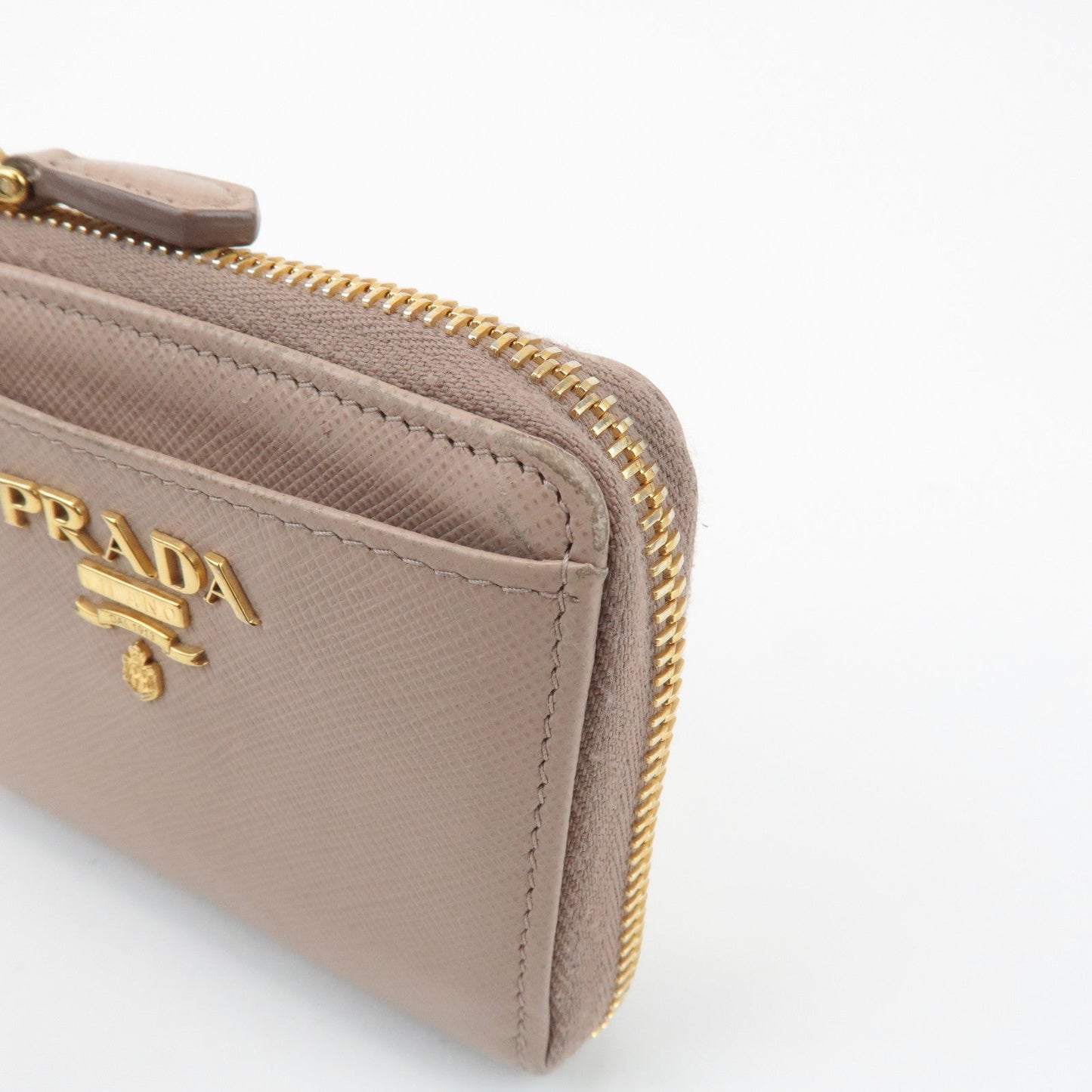 Prada Logo Saffiano Leather Zippy Coin Case Pink Beige 1ML025 Used【Pre-order】
