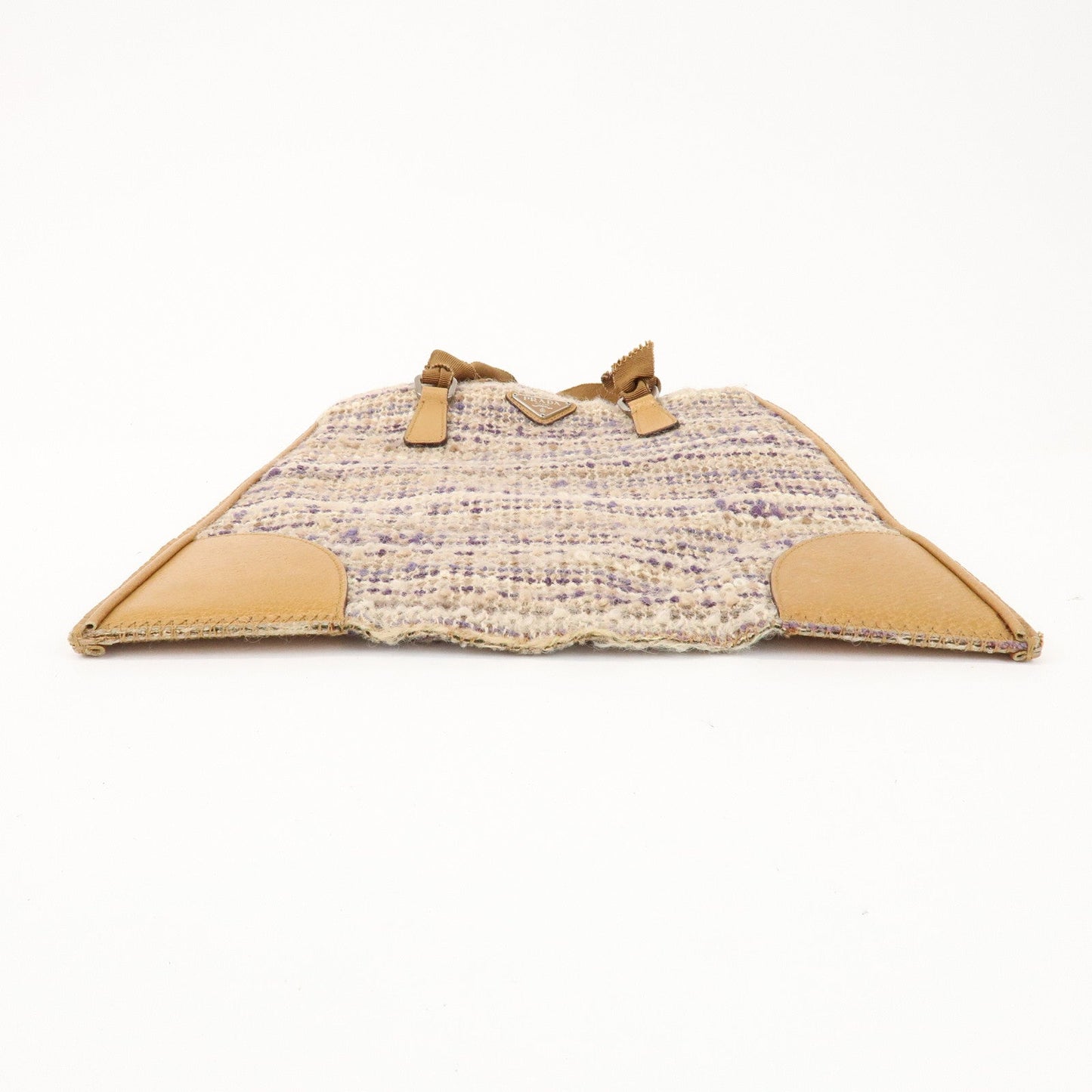 Prada Triangle Logo Tweed Leather Hand Bag Light Brown Multicolor【Pre-order】