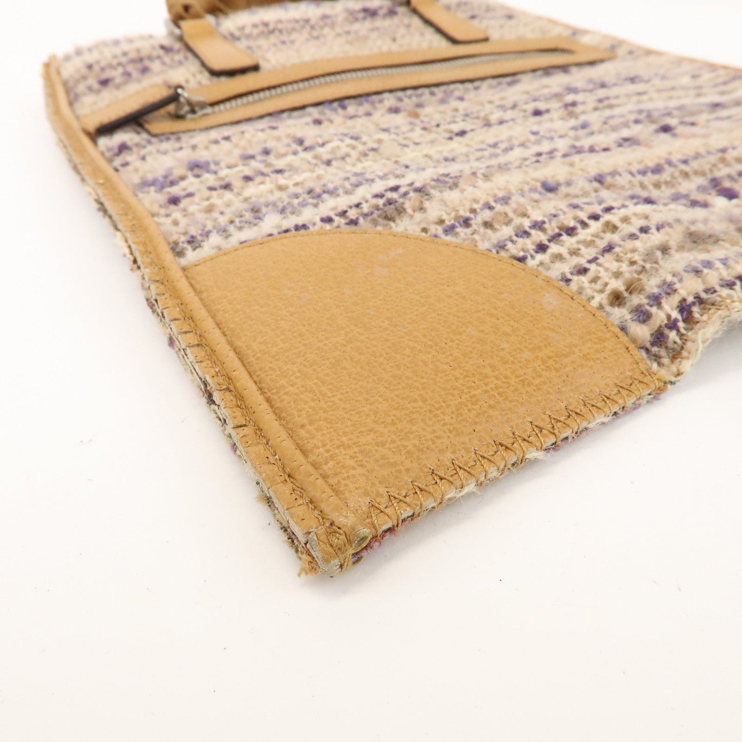 Prada Triangle Logo Tweed Leather Hand Bag Light Brown Multicolor【Pre-order】