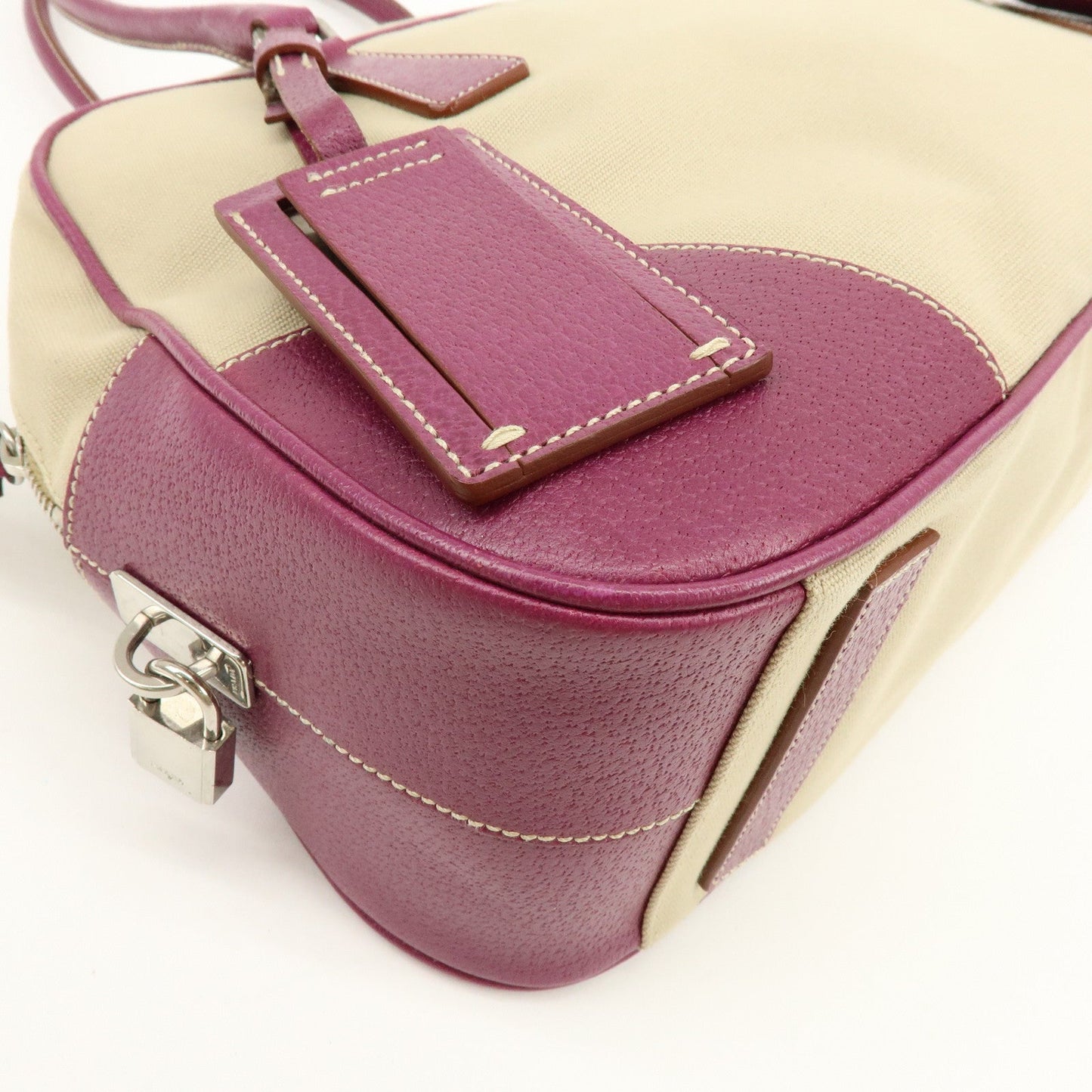 Prada Triangle Logo Canvas Leather Bowling Bag Natural Purple【Pre-order】