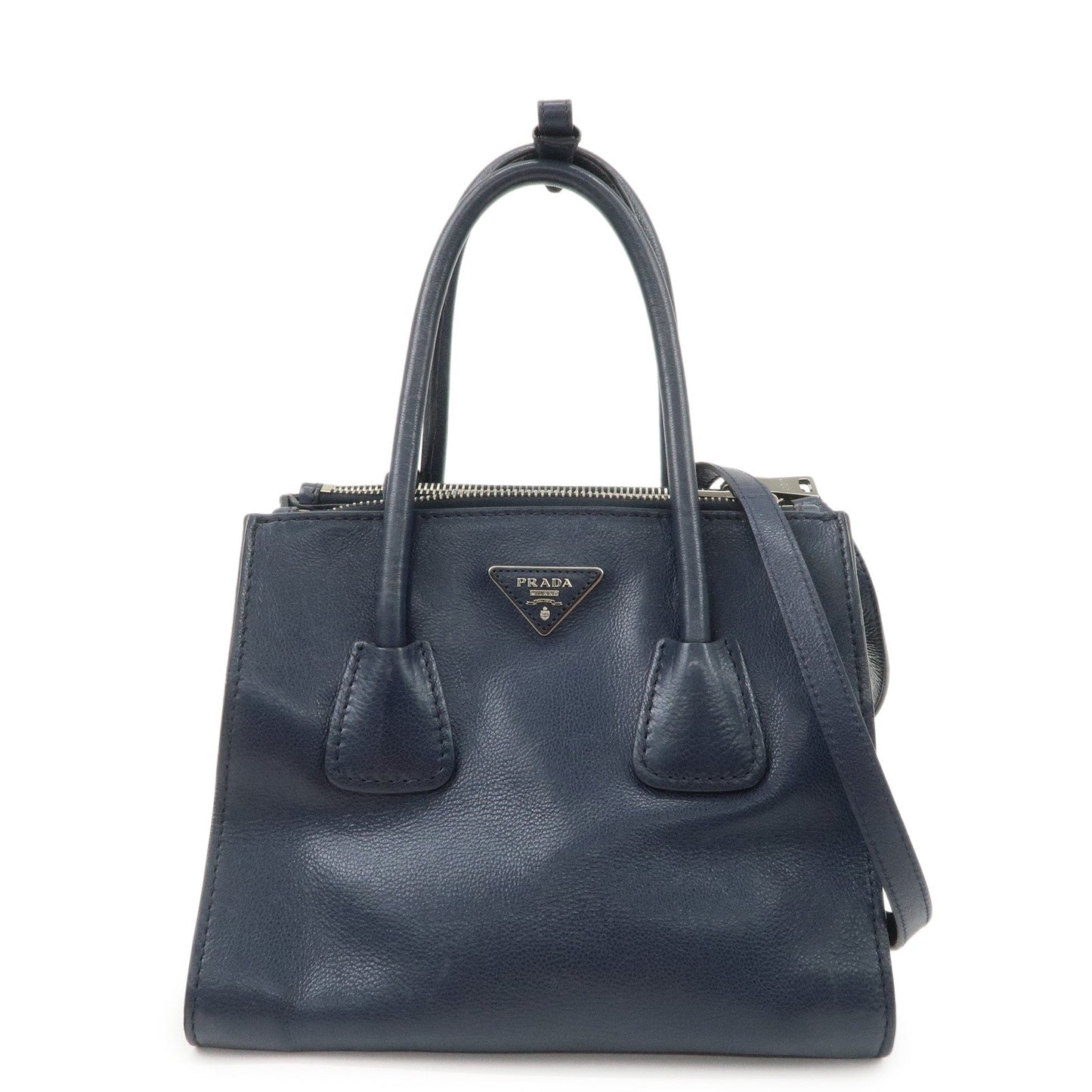 Prada Triangle Logo Leather 2Way Bag Tote Bag Hand Bag Navy B2625M【Pre-order】