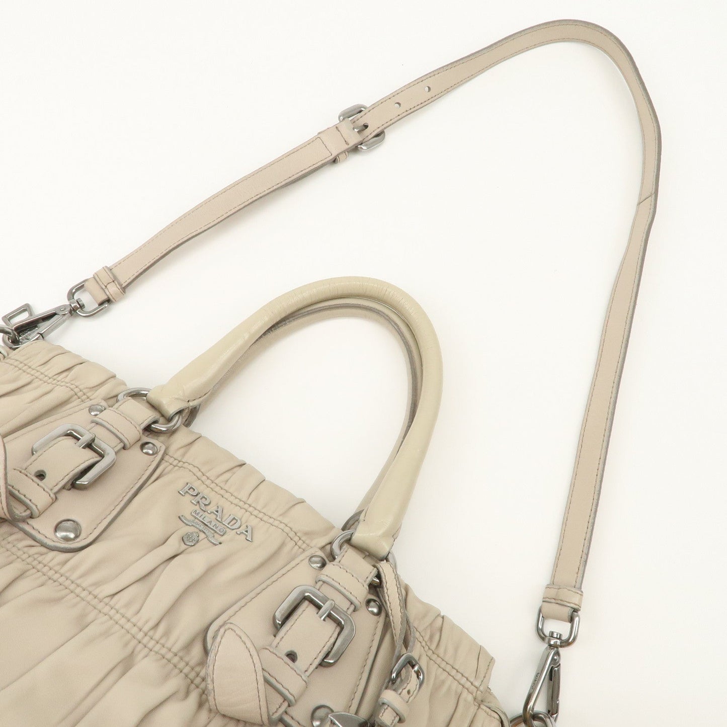 Prada Logo Leather Gathered 2Way Hand Bag Beige BN1336【Pre-order】