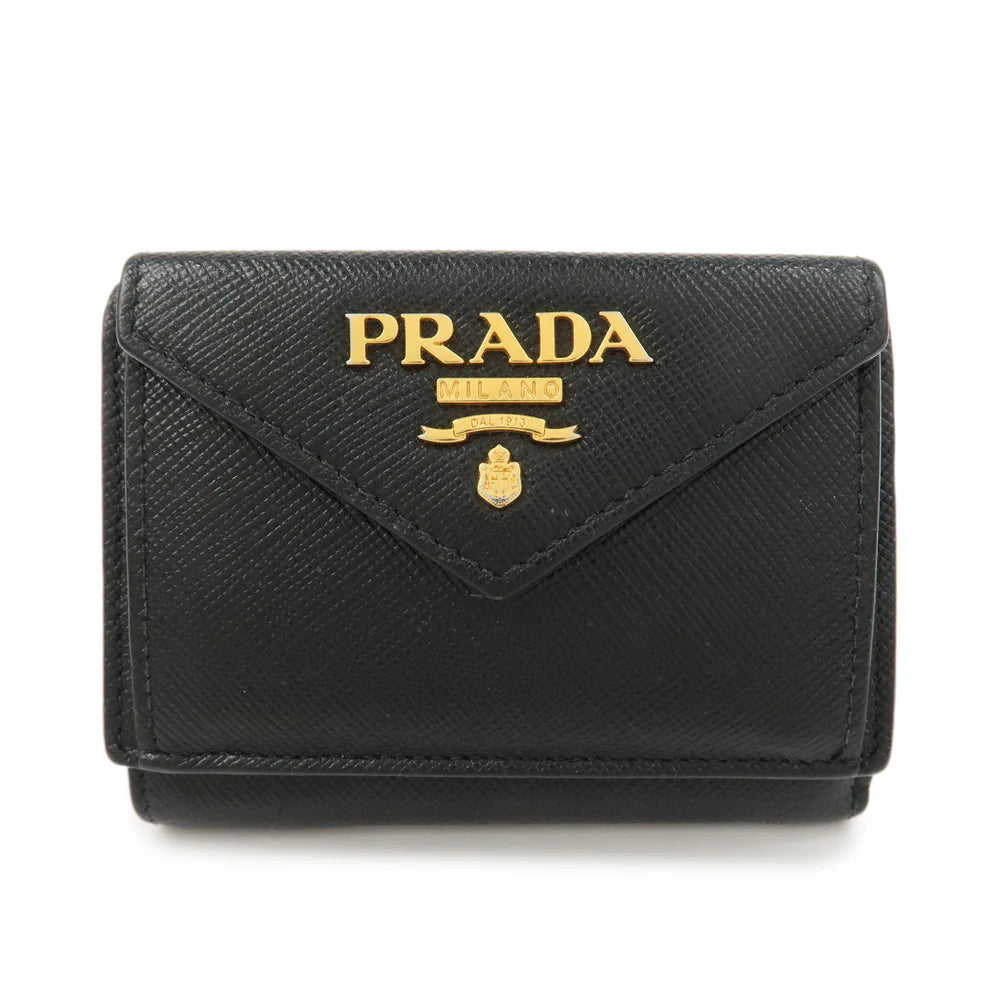 Prada Logo Saffiano Metal Tri-fold Small Wallet Black【Pre-order】