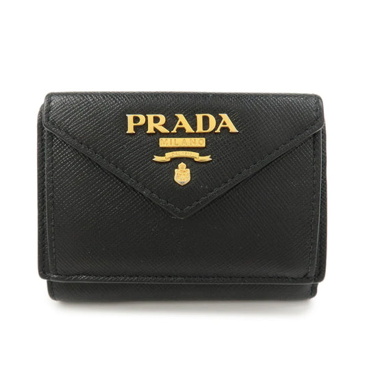 Prada Logo Saffiano Metal Tri-fold Small Wallet Black【Pre-order】