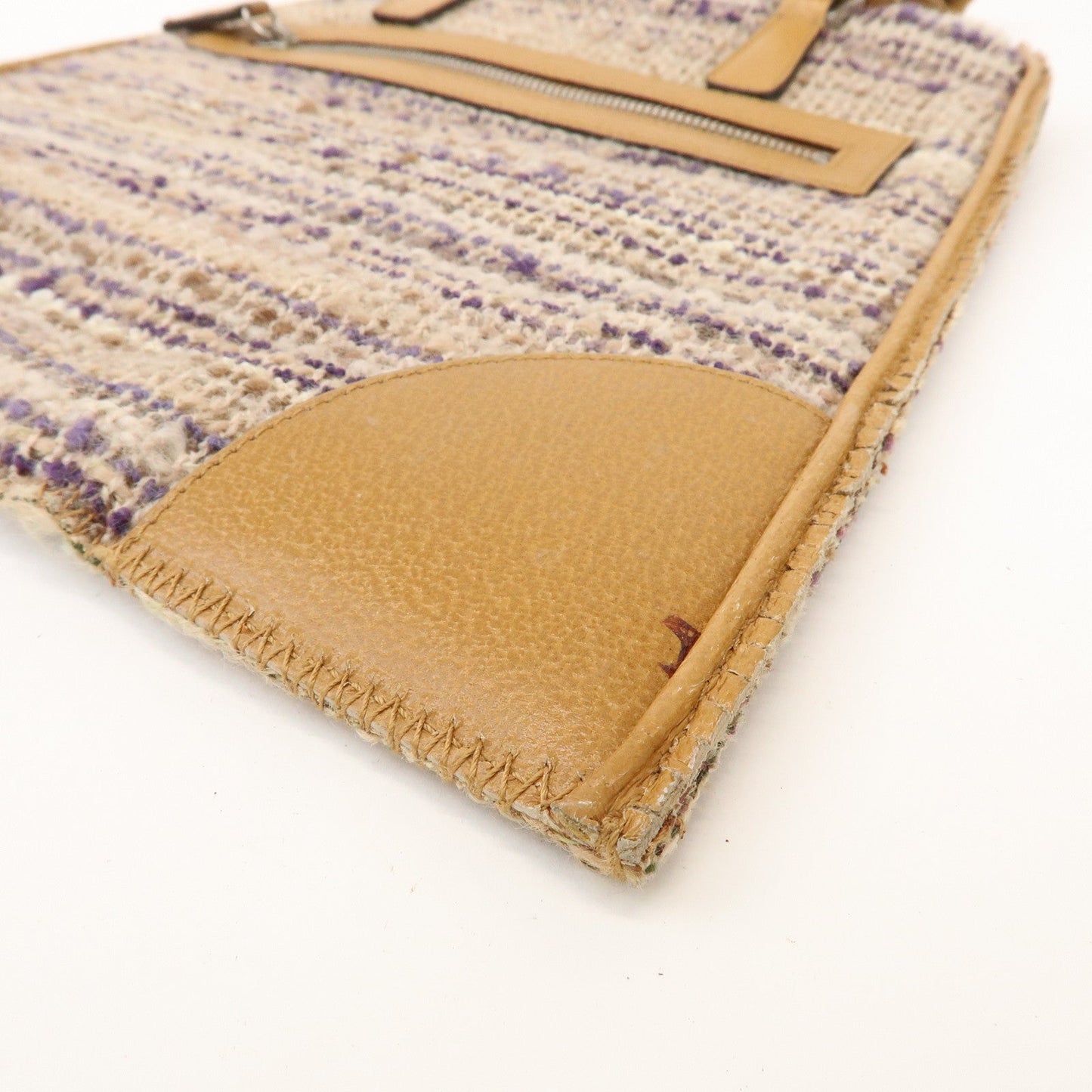Prada Triangle Logo Tweed Leather Hand Bag Light Brown Multicolor【Pre-order】