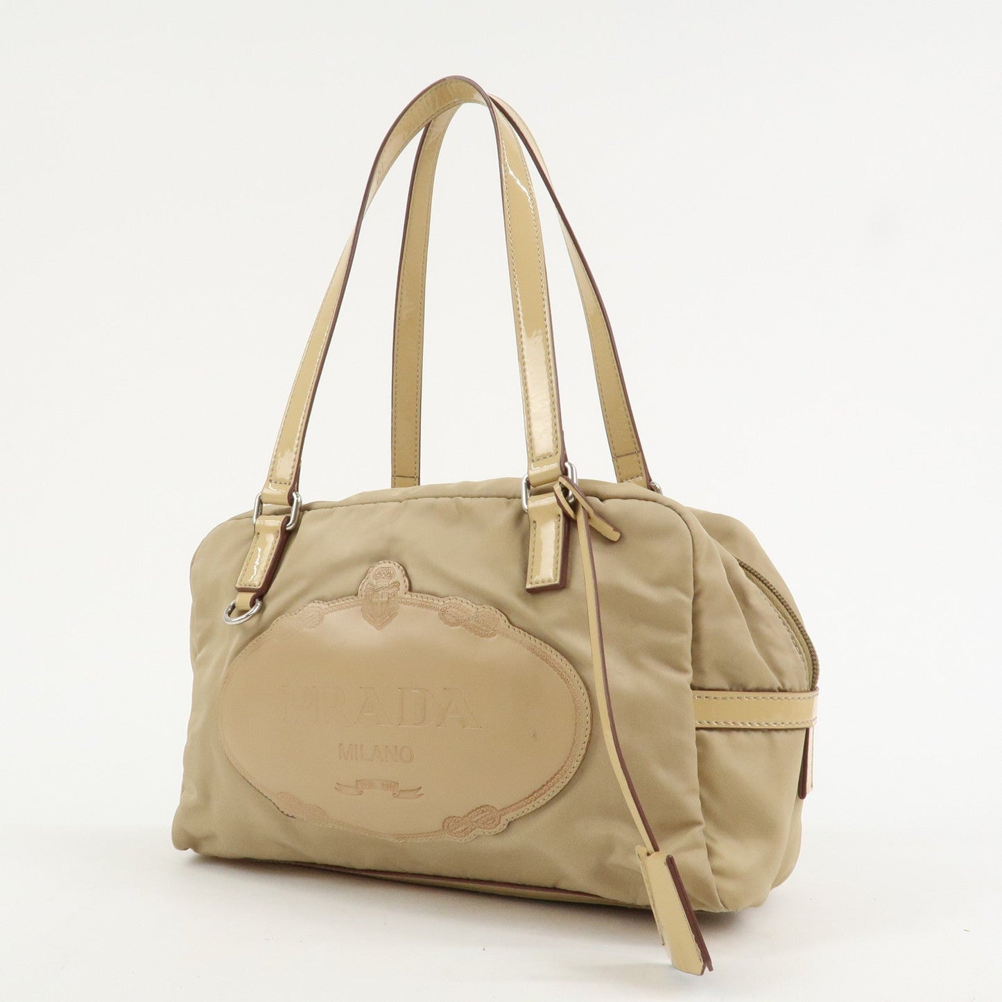 Prada Logo Nylon Patent Leather Mini Boston Bag Beige BR3150【Pre-order】