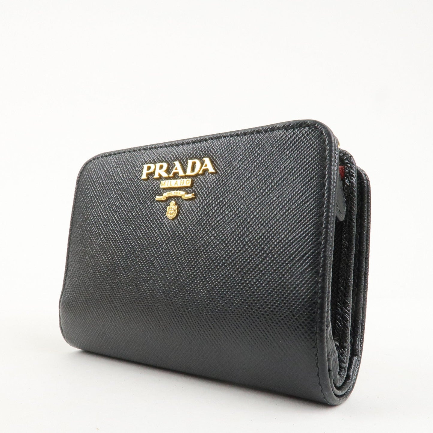 Prada Saffiano Leather Bi-Fold Wallet Black Red Gold 1ML018 Used【Pre-order】