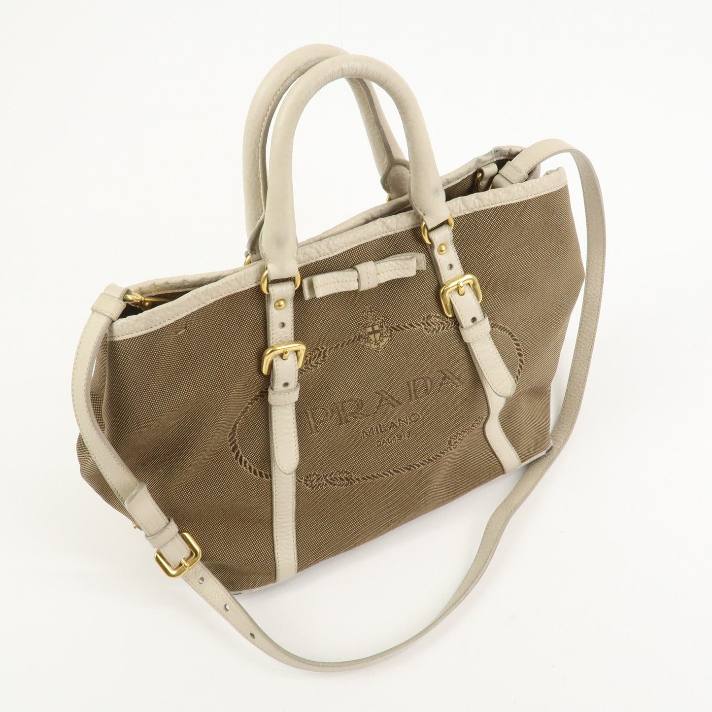 Prada Logo Jacguard Leather 2Way Tote Bag Brown Ivory BN1841【Pre-order】
