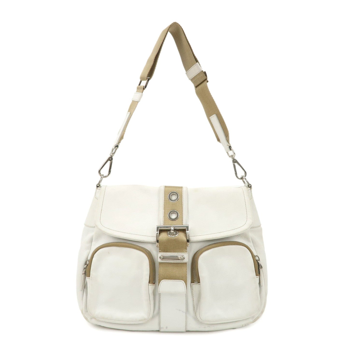Prada Triangle Logo Leather Nylon Shoulder Bag White Beige【Pre-order】
