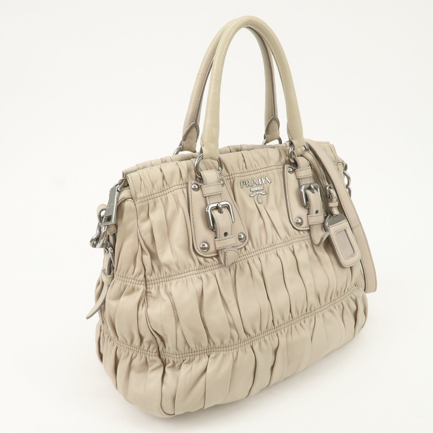 Prada Logo Leather Gathered 2Way Hand Bag Beige BN1336【Pre-order】