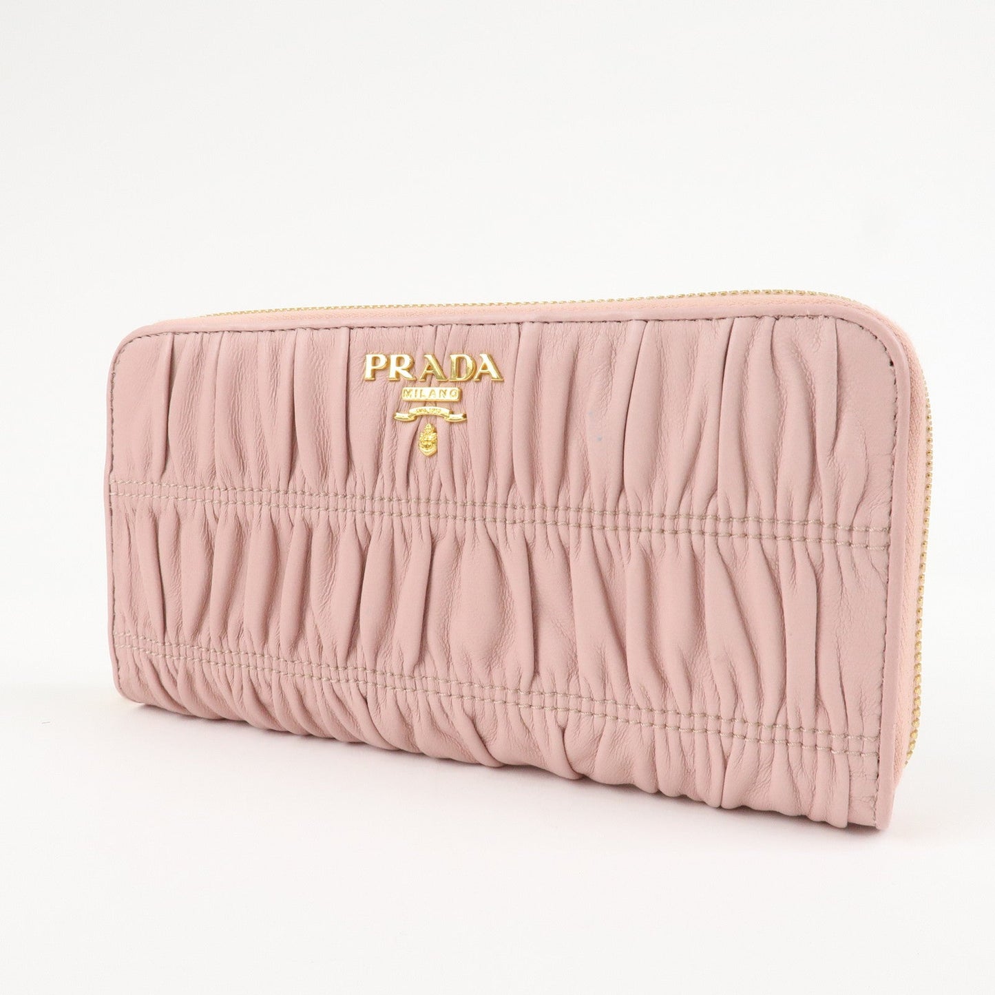 Prada Leather Gather Round Zippy Wallet Gold Hardware Pink 1M0506 Used【Pre-order】