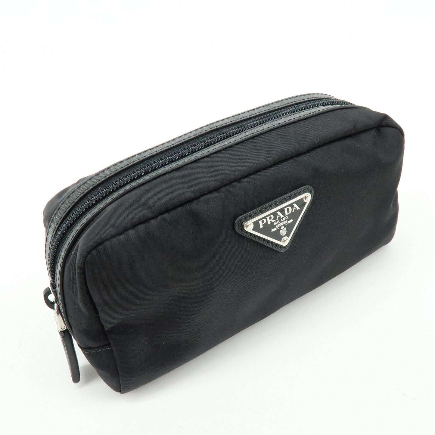 Prada Triangle Logo Nylon Saffiano Leather Pouch Black【Pre-order】