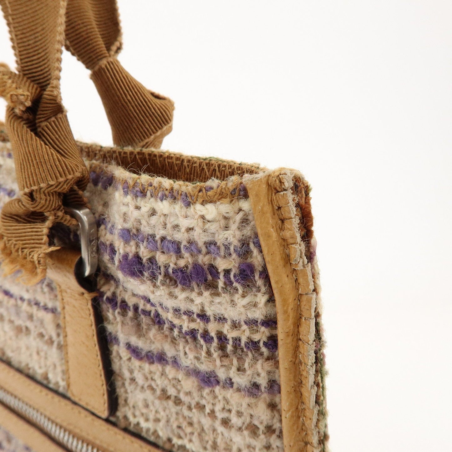 Prada Triangle Logo Tweed Leather Hand Bag Light Brown Multicolor【Pre-order】
