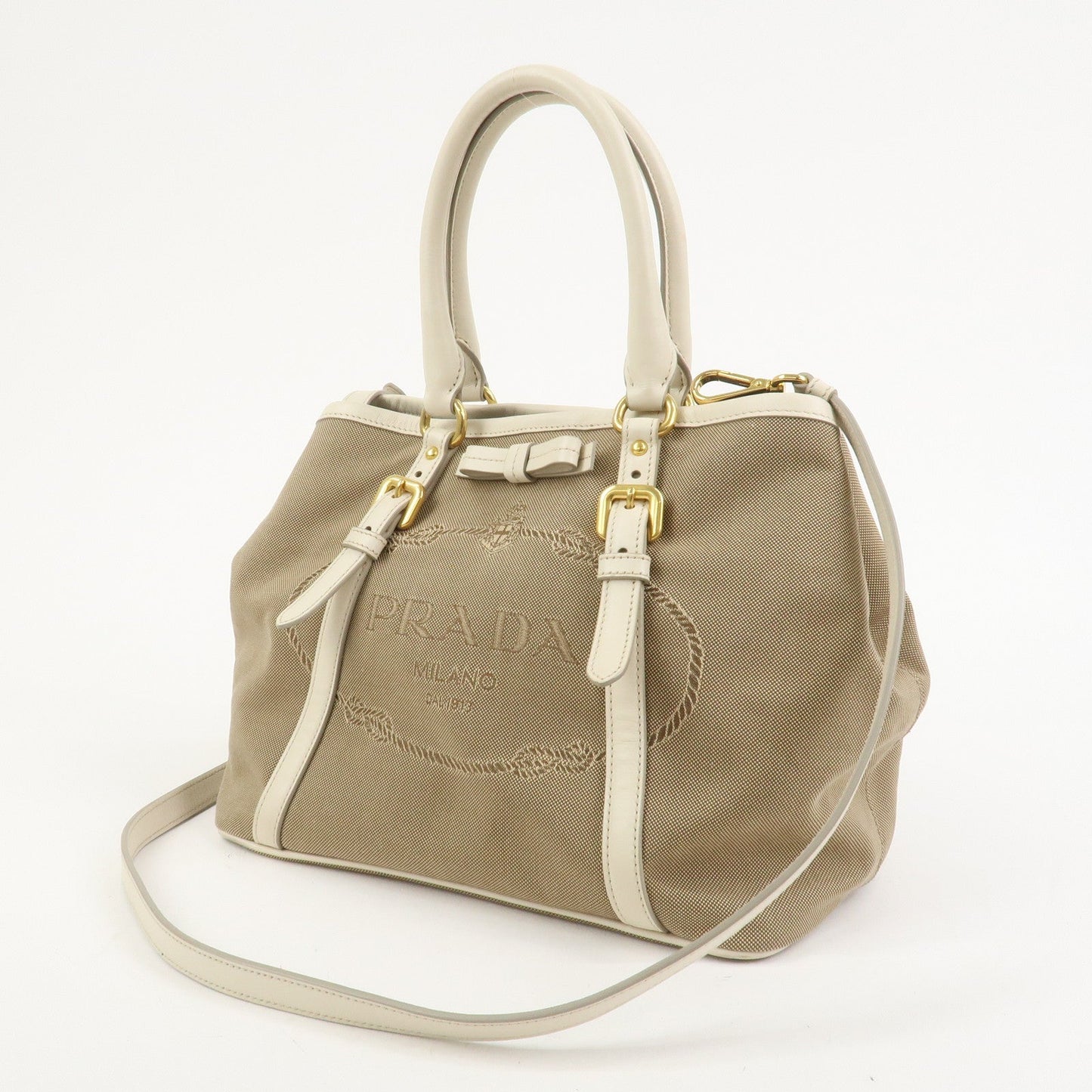 Prada Logo Jaquard Leather 2Way Hand Bag Shoulder Bag Beige White【Pre-order】