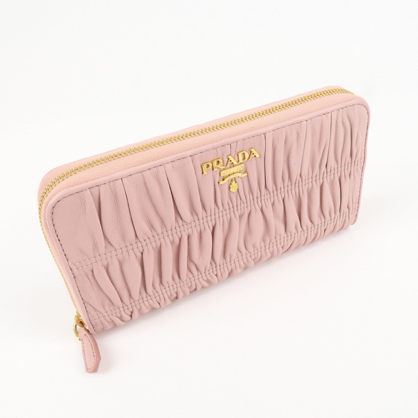 Prada Leather Gather Round Zippy Wallet Gold Hardware Pink 1M0506 Used【Pre-order】
