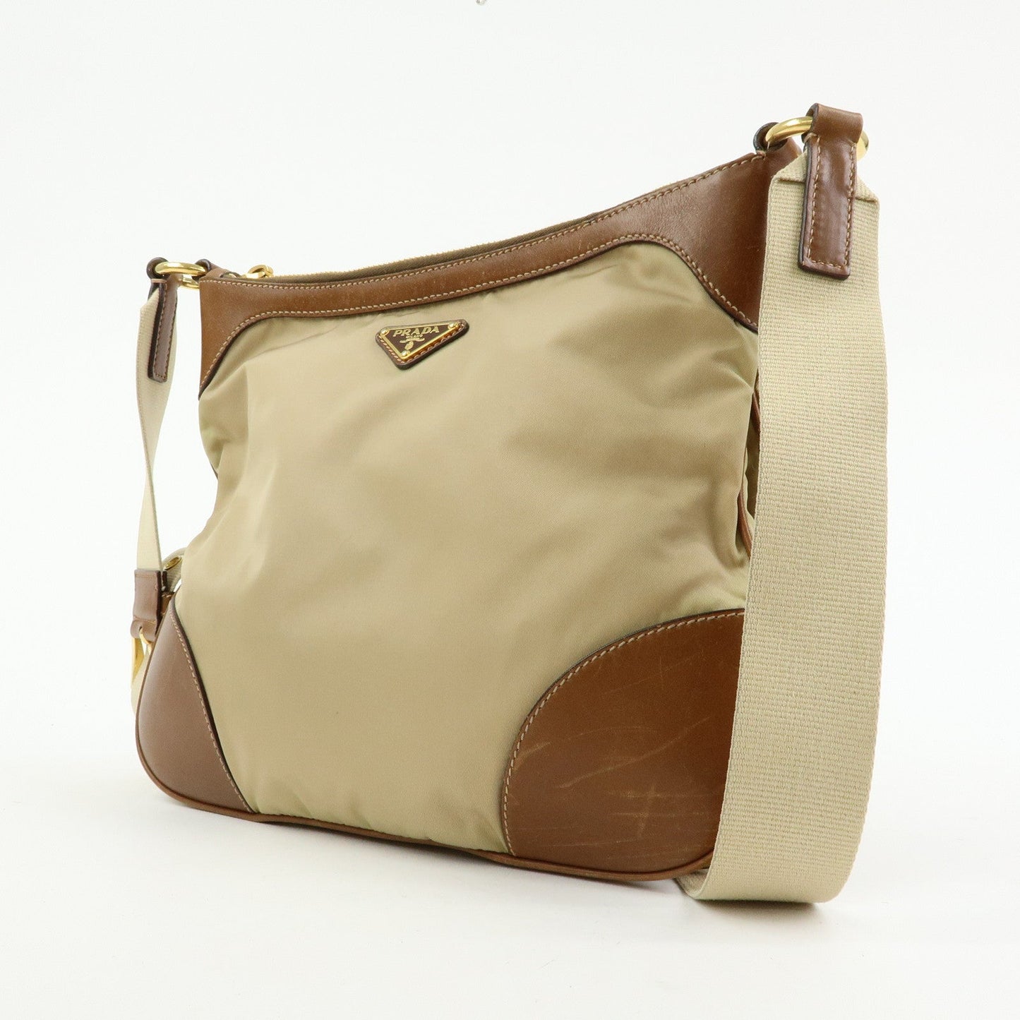 Prada Triangle Logo Nylon Leather Shoulder Bag Crossbody Bag Beige【Pre-order】