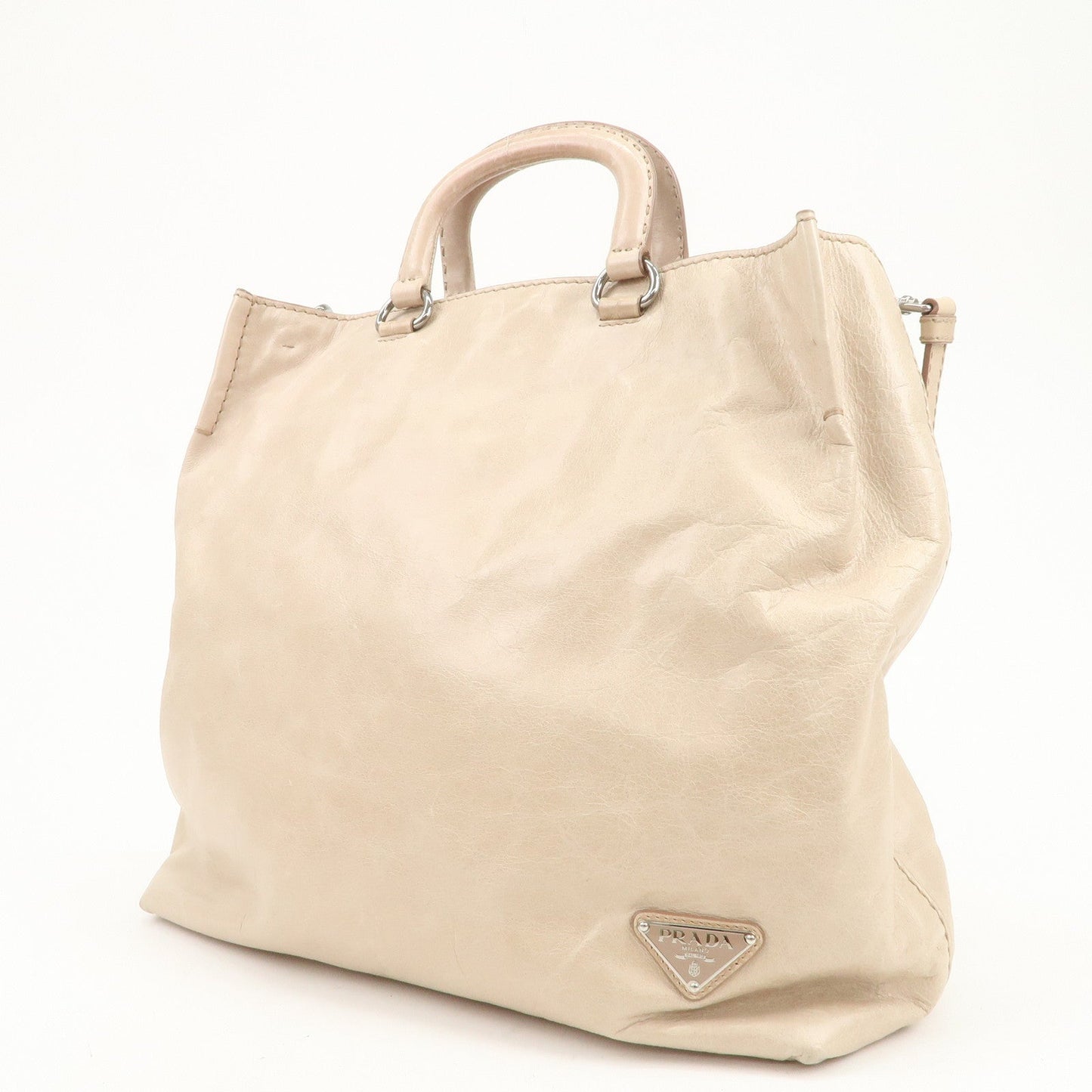 Prada Triangle Logo Leather 2Way Hand Bag Shoulder Bag Beige BR4617【Pre-order】
