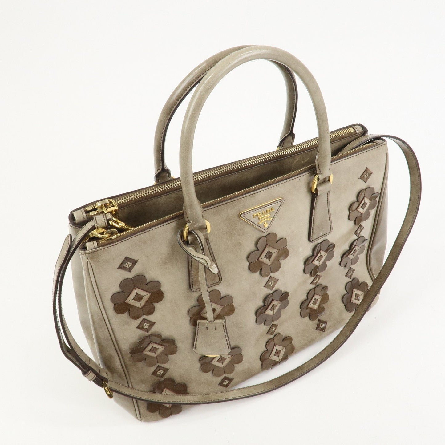 Prada Patent Leather Flower Galleria 2Way Tote Bag Greige BB2274F【Pre-order】