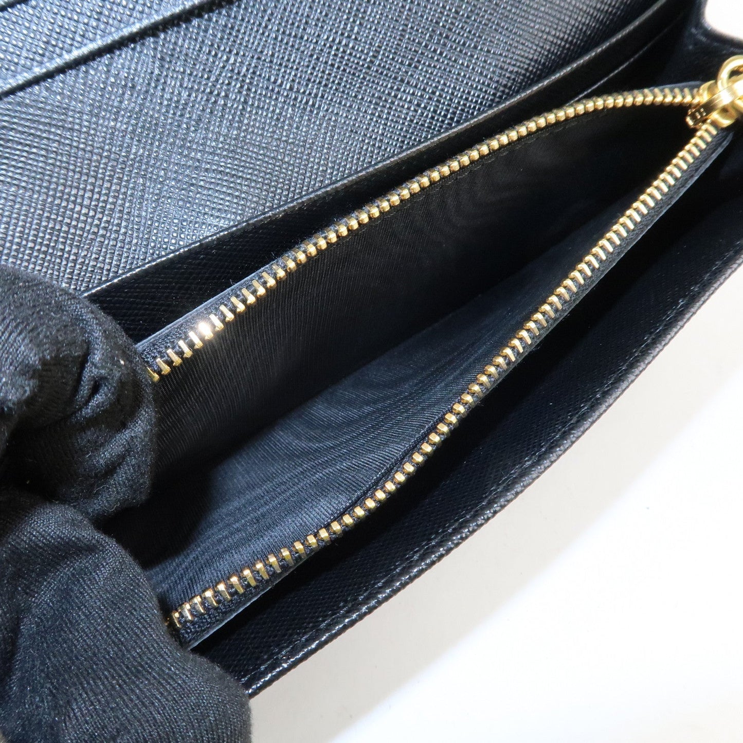 Prada Saffiano Leather Flap Bi-Fold Long Wallet Black Gold 1MH132 Used【Pre-order】