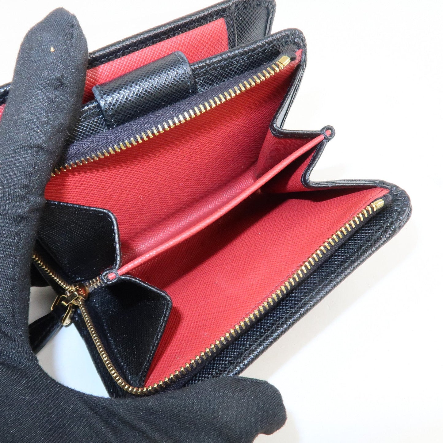 Prada Saffiano Leather Bi-Fold Wallet Black Red Gold 1ML018 Used【Pre-order】