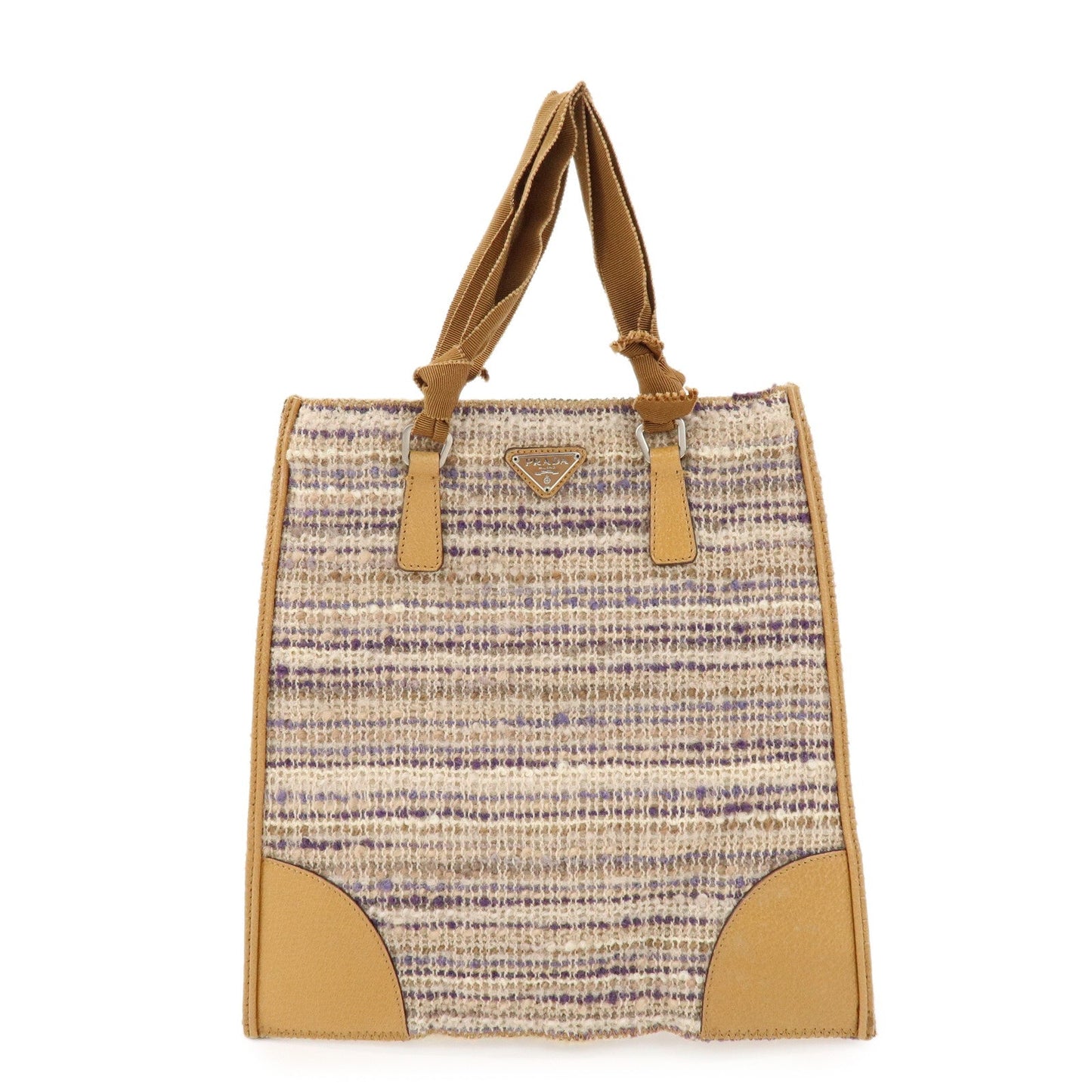 Prada Triangle Logo Tweed Leather Hand Bag Light Brown Multicolor【Pre-order】