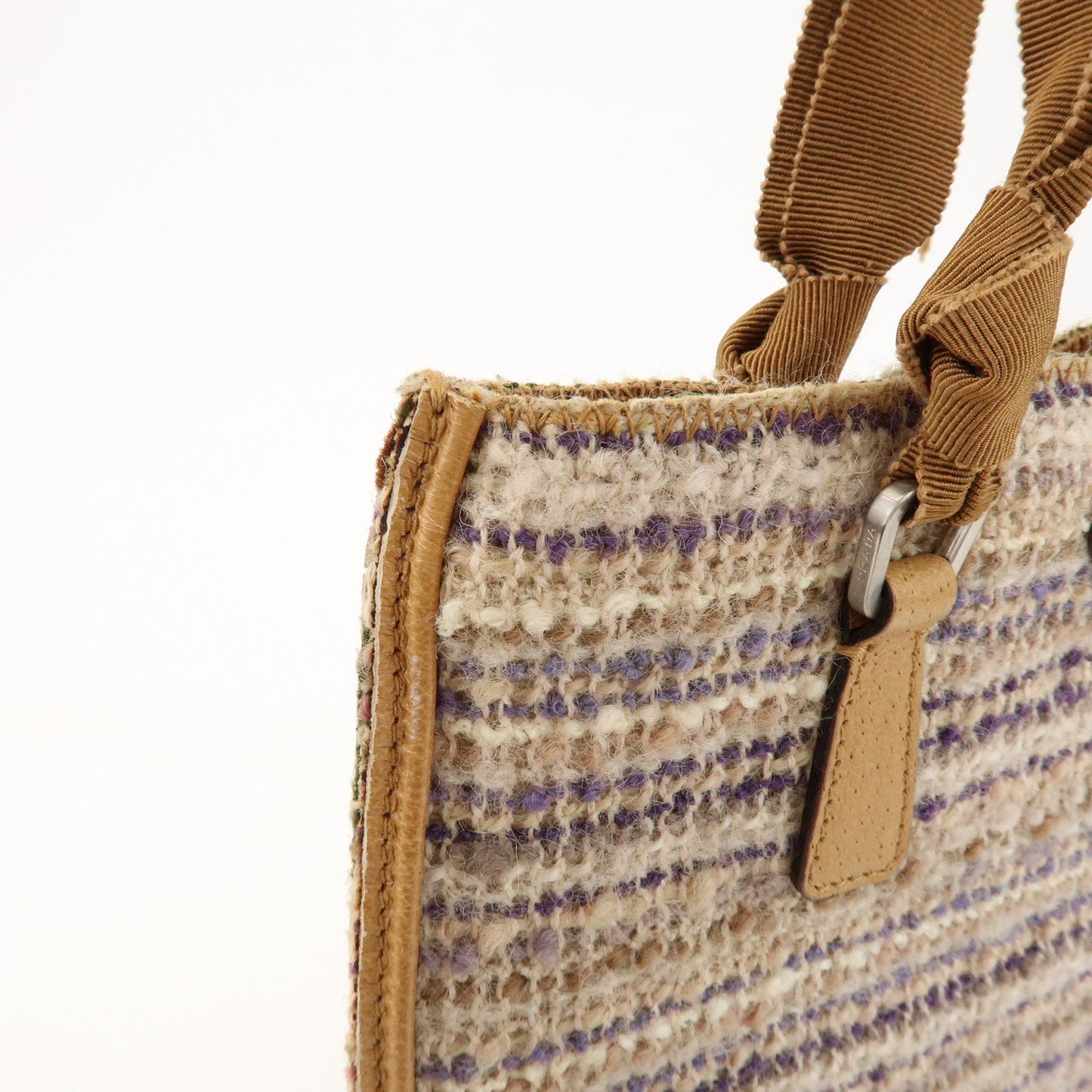 Prada Triangle Logo Tweed Leather Hand Bag Light Brown Multicolor【Pre-order】