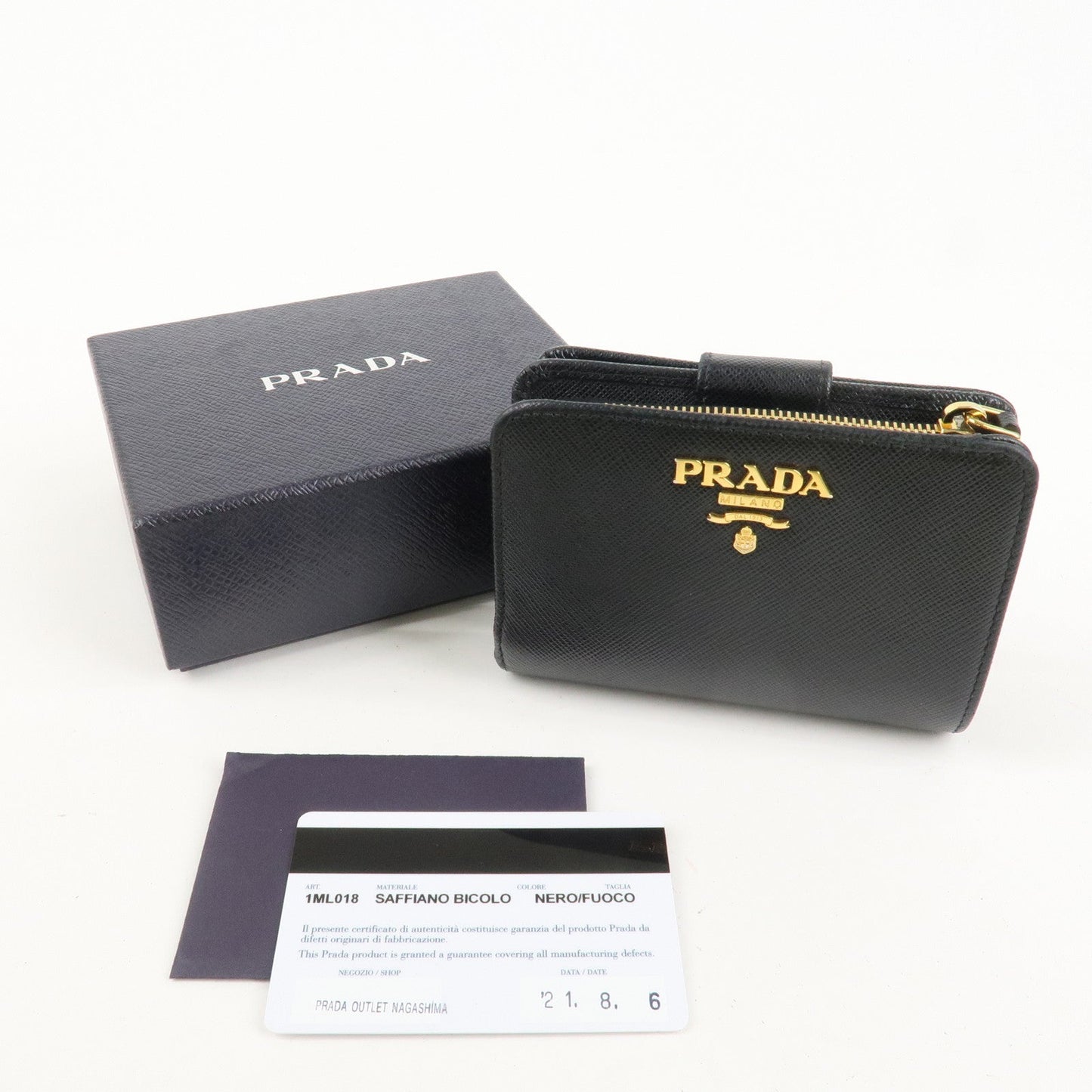 Prada Saffiano Leather Bi-Fold Wallet Black Red Gold 1ML018 Used【Pre-order】