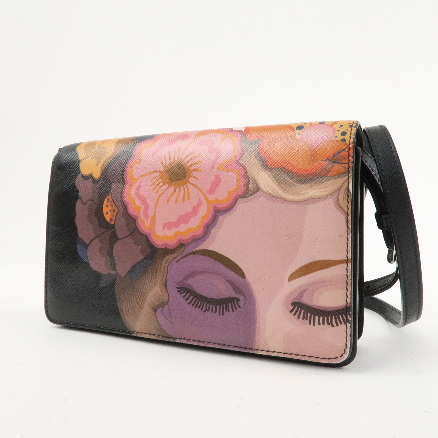 Prada Flower Print Saffiano Leather Shoulder Bag Hand Bag Black【Pre-order】