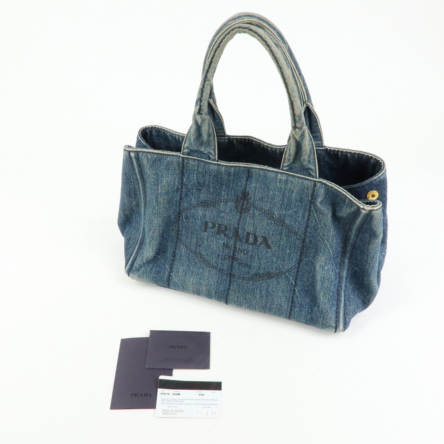 Prada Logo Canapa Canvas Denim Tote Bag Hand Bag Blue B1877B【Pre-order】