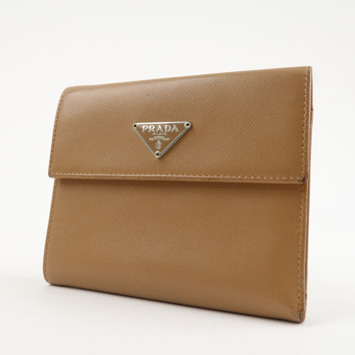 Prada Triangle Logo Saffiano Leather Trifold Wallet Brown Used【Pre-order】